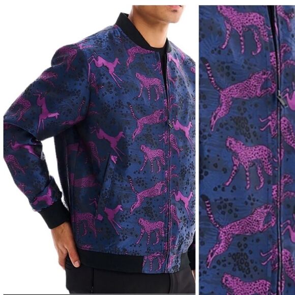 BERTIGO lan Animal Impala & Cheetah Jacquard  Bomber Jacket Navy Blue / Purple S - Picture 1 of 15